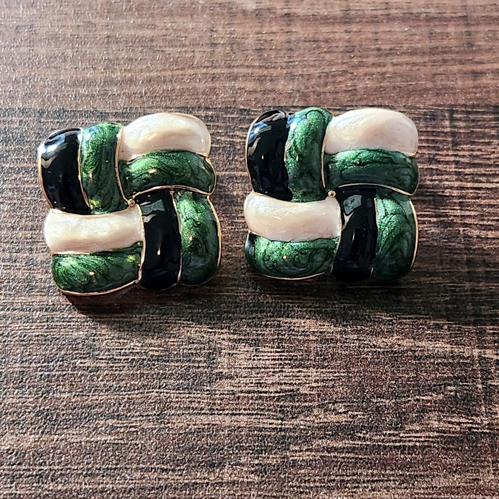 Vintage Style Green White Black Enamel Woven Knot Square Stud Earrings Gold Tone